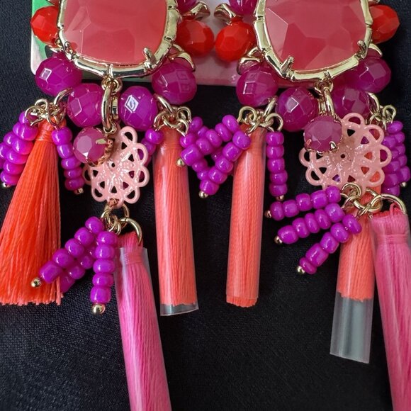 Lilly Pulitzer Goldtone Red Pink Bead Tassel Statement Necklace Earring SET NEW - Picture 9 of 14